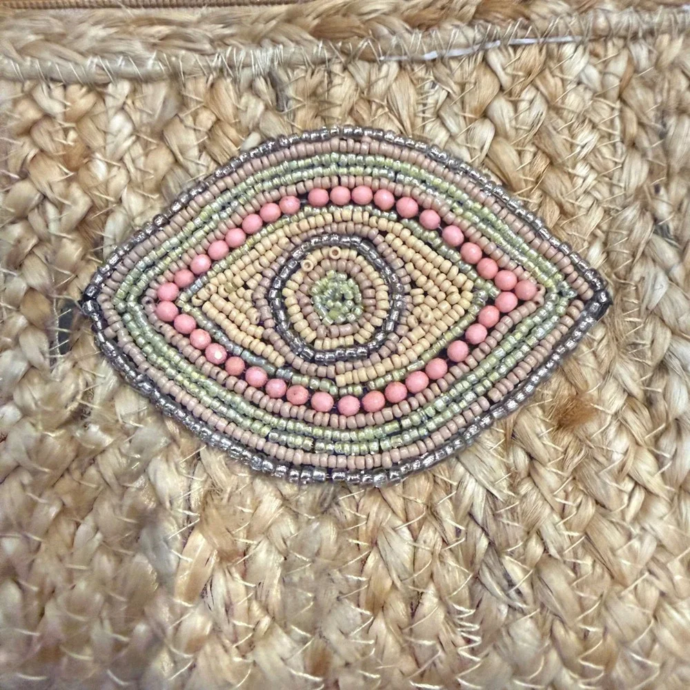 Maison Boho Jute Evil Eye Beaded Fringe Clutch Pouch Tan‎ White